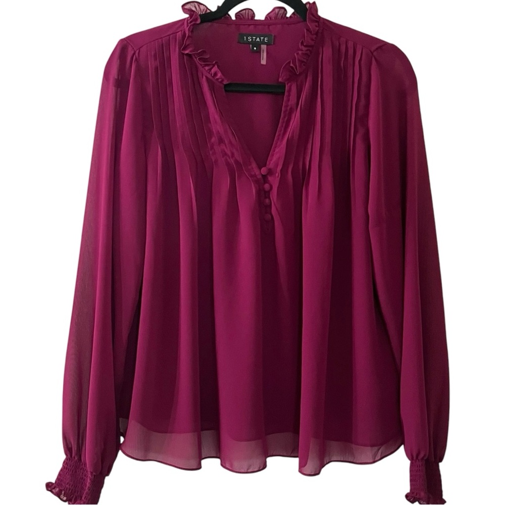 1.State Purple Blouse with Puff Sleeves and Mandarin Collar